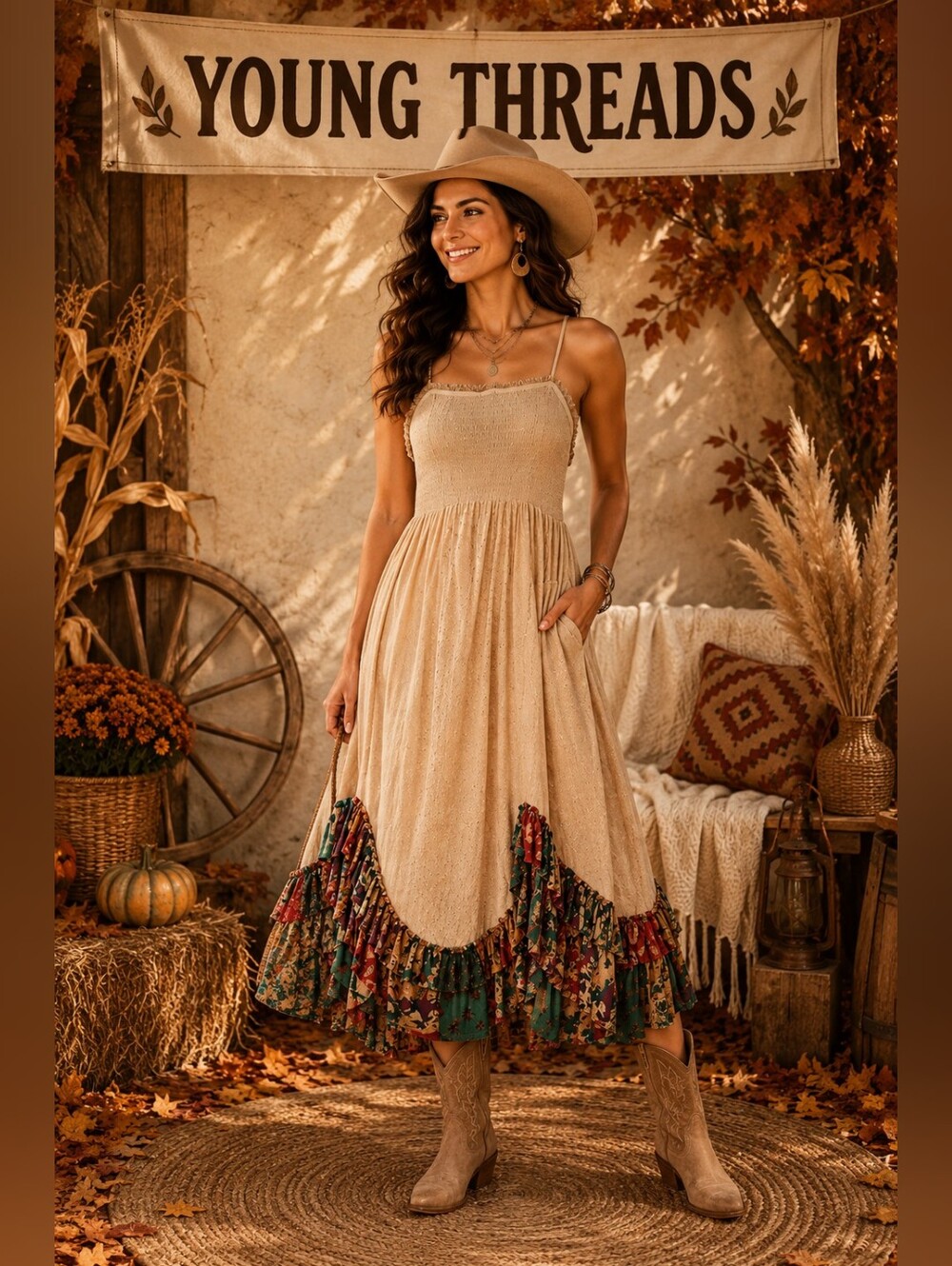 183 Young Threads Beige Boho Smocked Midi Dress with Patchwork Ruffle Hem